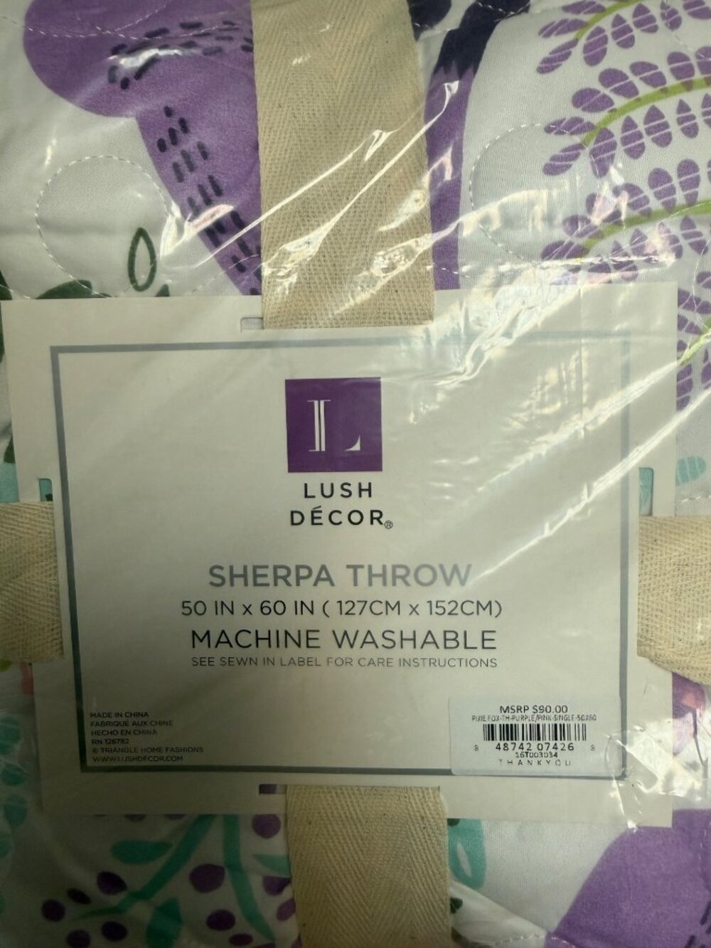 Lush Décor Sherpa Throw Blanket 50X60 Purple Pink Floral Fox Machine Washable
